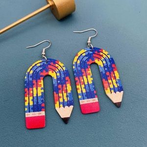 Yellow blue red Autism puzzle piece pencil leather drop earrings